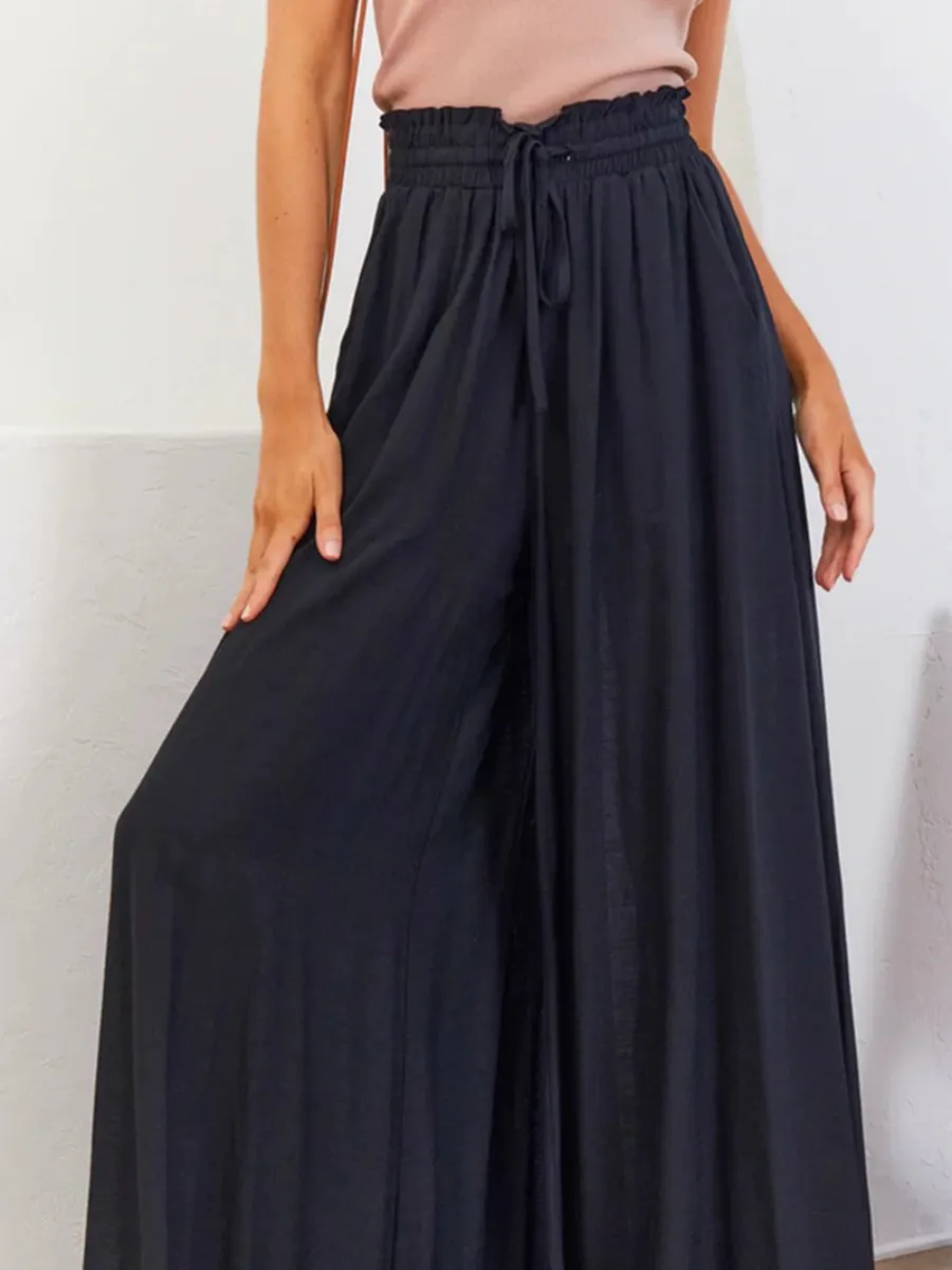 Ciara Smocked Wide Leg Culottes Pants - Black