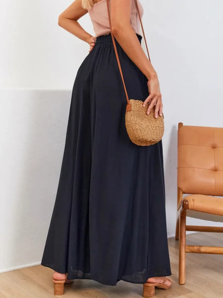 Ciara Smocked Wide Leg Culottes Pants - Black