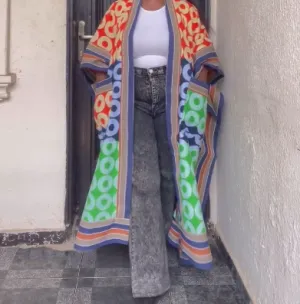 Circle color block large kimono long coat