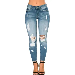 CME SHOWU Women Skinny Ripped Jeans Stretch Distressed Destroyed Denim Pants Light Blue,
