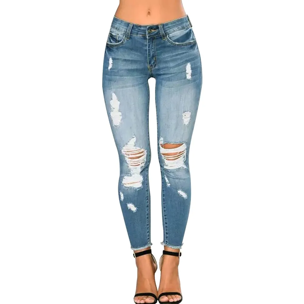 CME SHOWU Women Skinny Ripped Jeans Stretch Distressed Destroyed Denim Pants Light Blue,