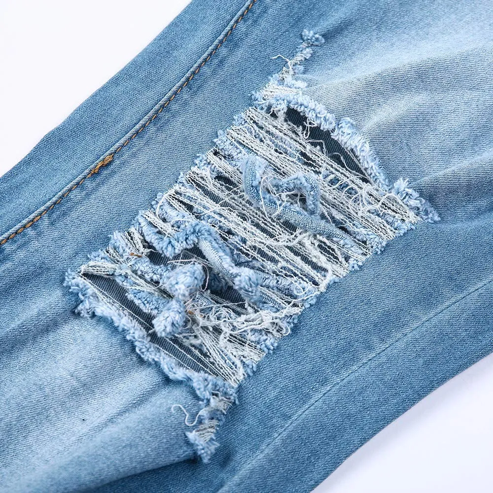 CME SHOWU Women Skinny Ripped Jeans Stretch Distressed Destroyed Denim Pants Light Blue,