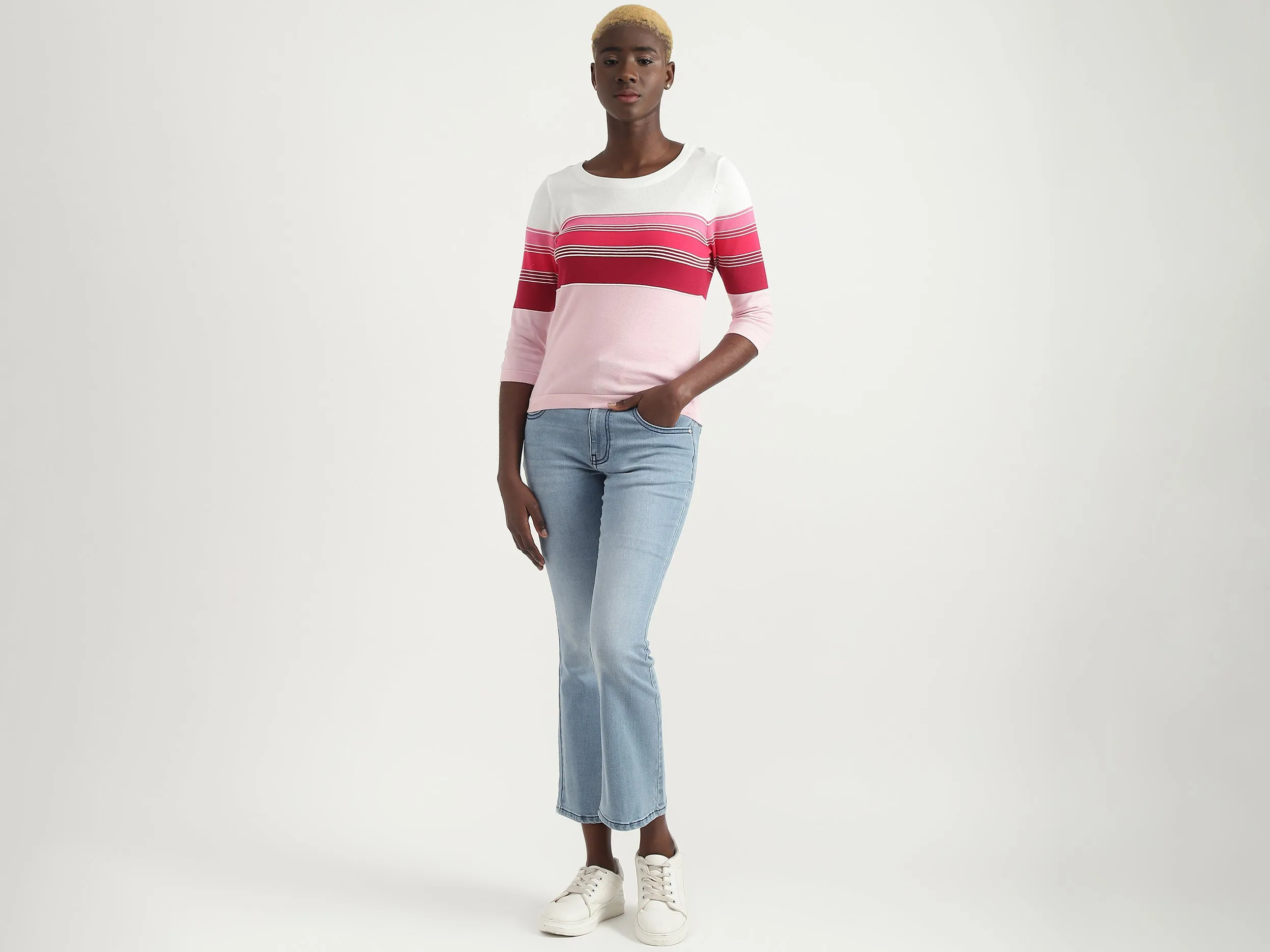 Cotton Striped Round Neck Women Tops