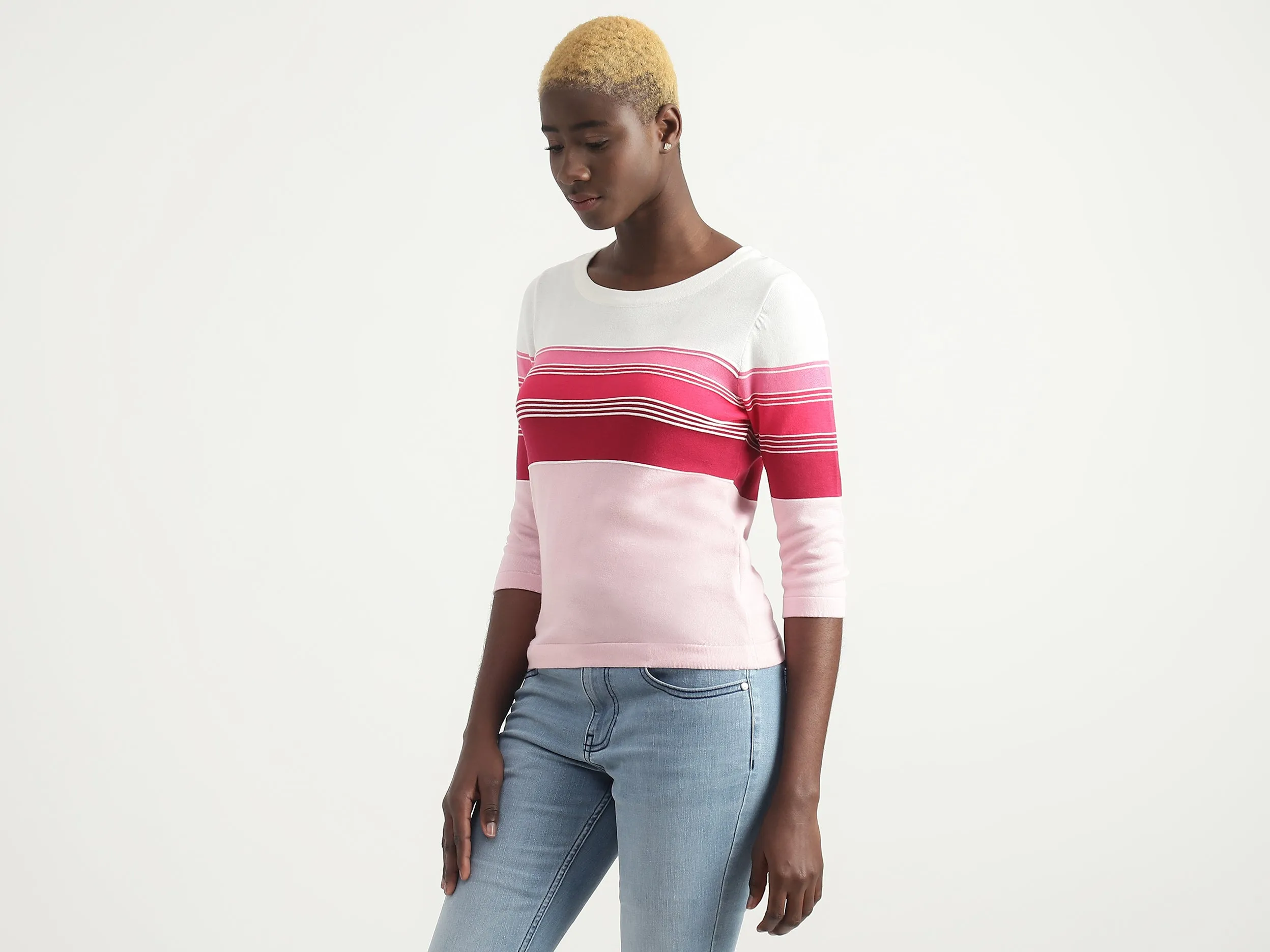 Cotton Striped Round Neck Women Tops
