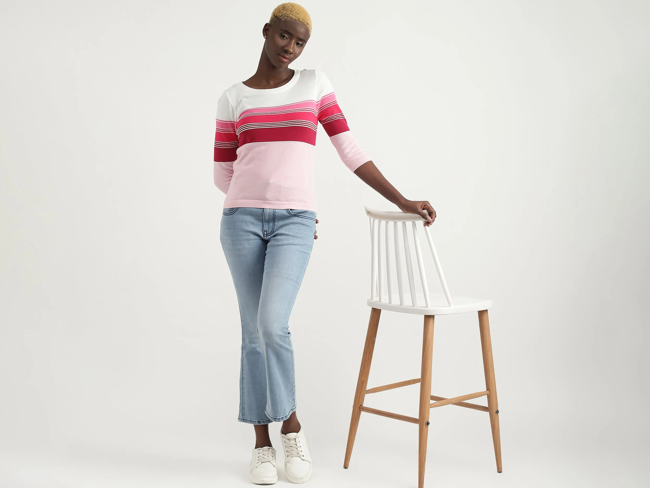 Cotton Striped Round Neck Women Tops