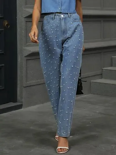 'Dani' Pearl Detail Straight Jeans