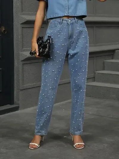 'Dani' Pearl Detail Straight Jeans