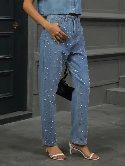 'Dani' Pearl Detail Straight Jeans