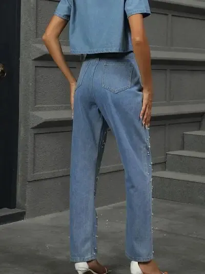 'Dani' Pearl Detail Straight Jeans