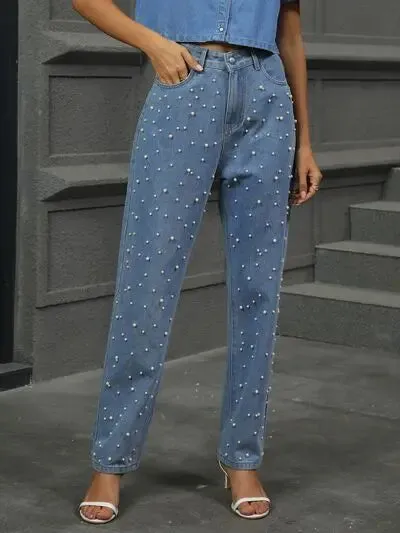 'Dani' Pearl Detail Straight Jeans