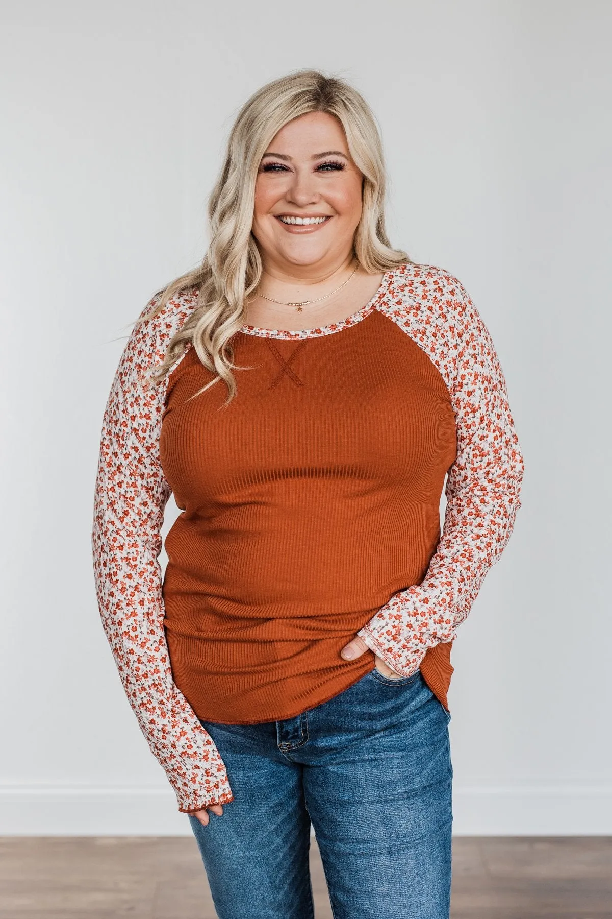 Decadent Life Floral Ribbed Knit Top- Rust