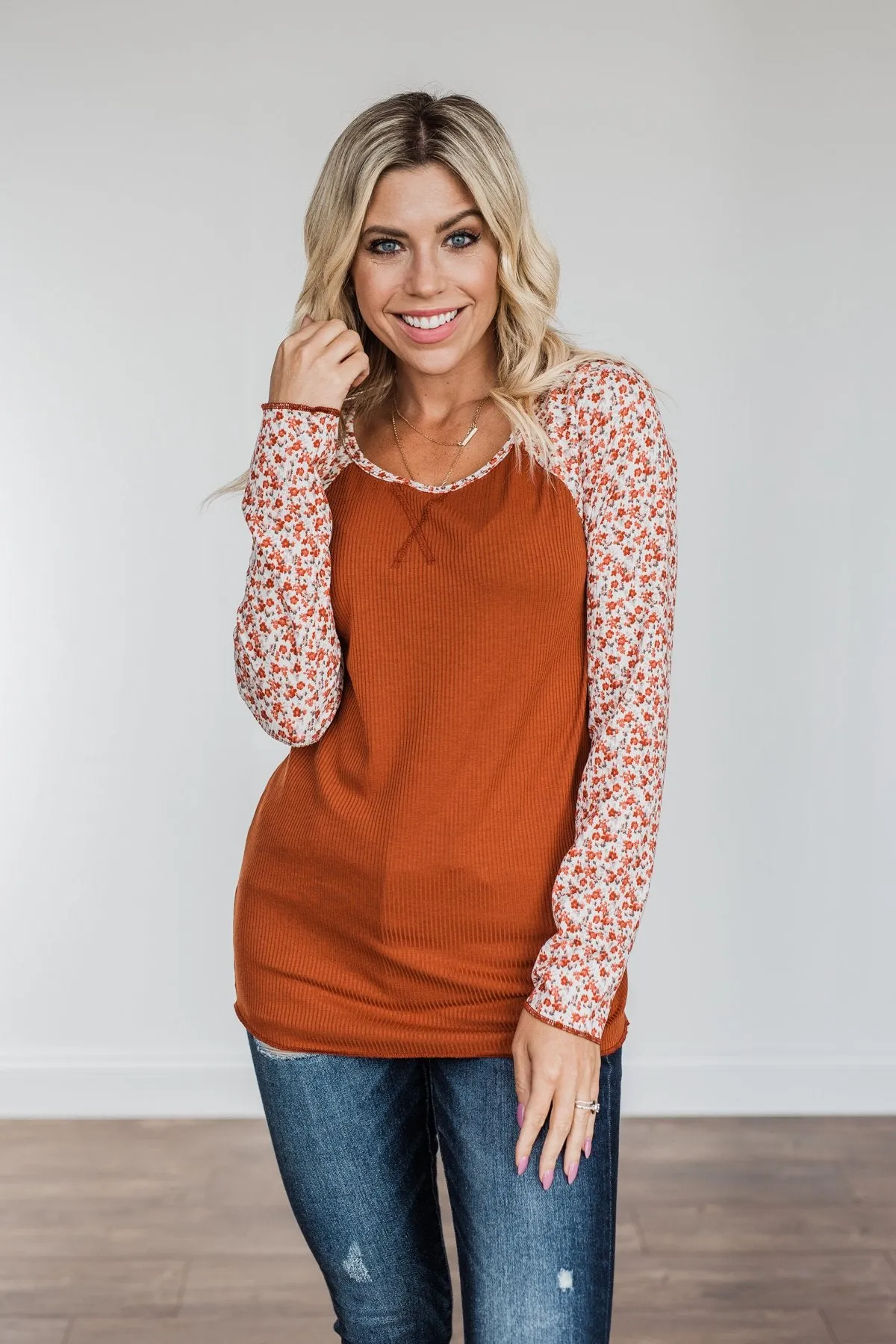 Decadent Life Floral Ribbed Knit Top- Rust