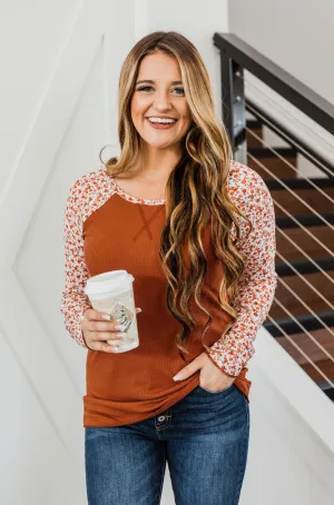 Decadent Life Floral Ribbed Knit Top- Rust