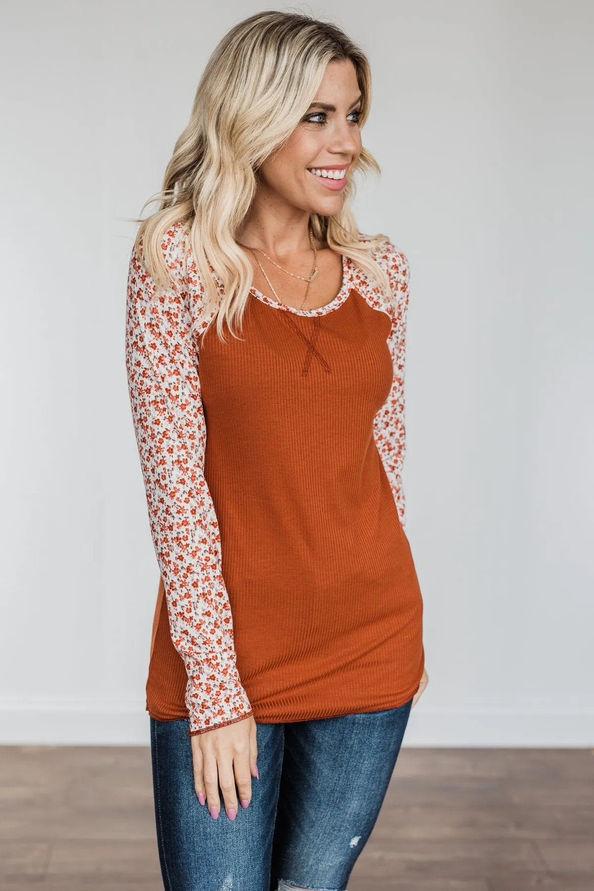 Decadent Life Floral Ribbed Knit Top- Rust