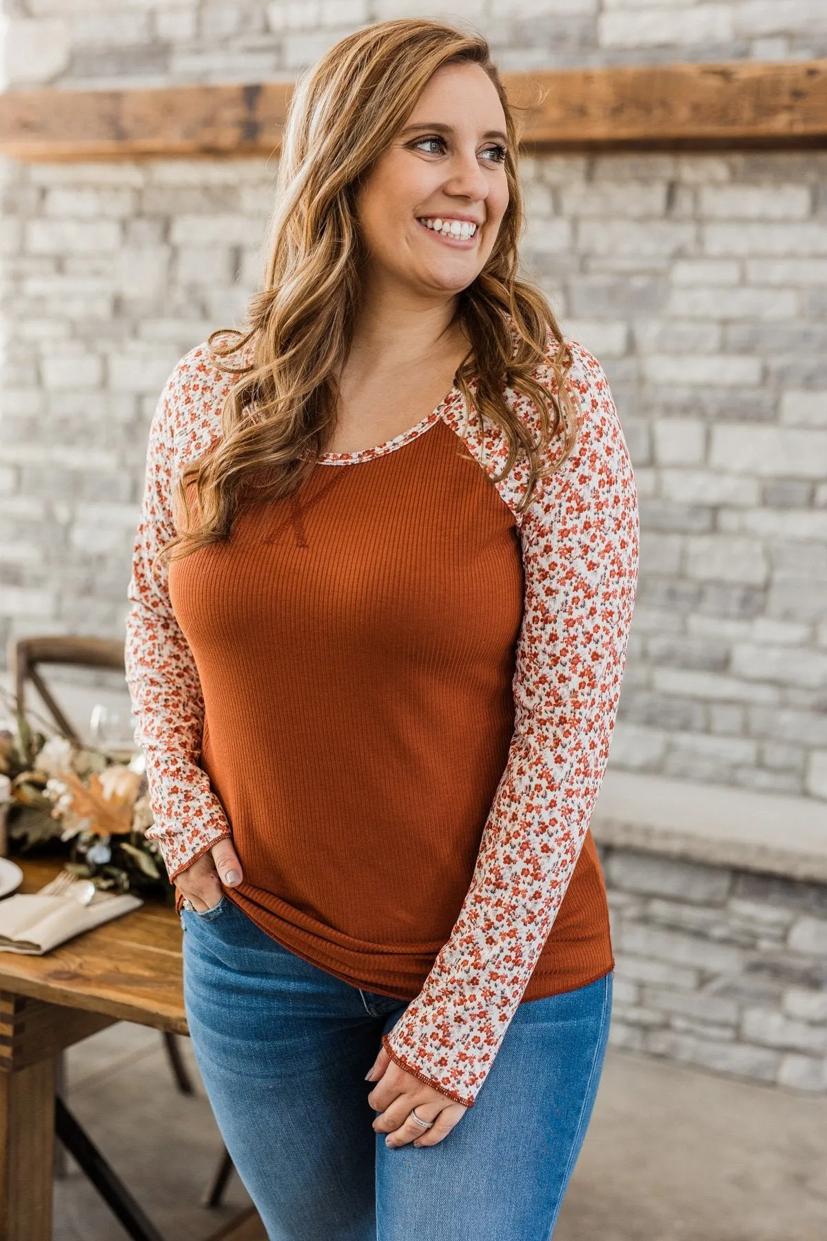 Decadent Life Floral Ribbed Knit Top- Rust