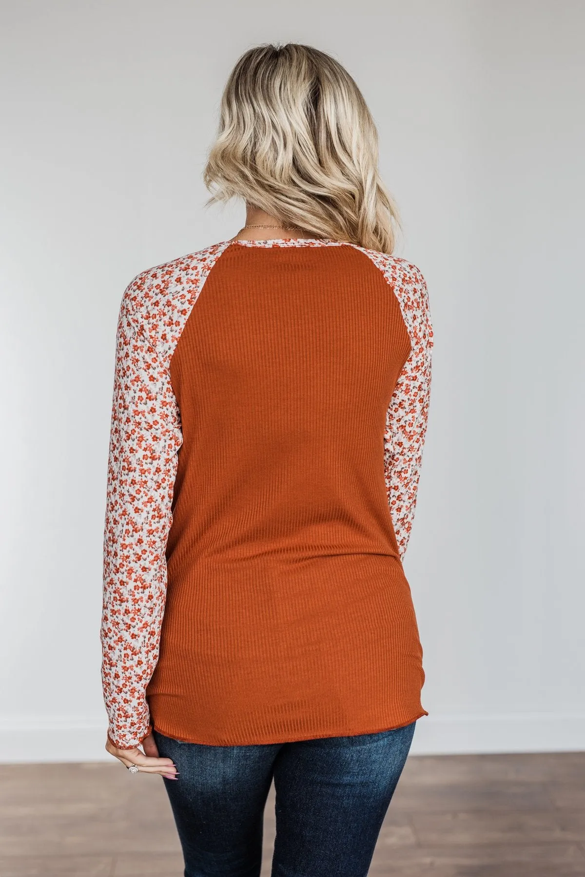 Decadent Life Floral Ribbed Knit Top- Rust