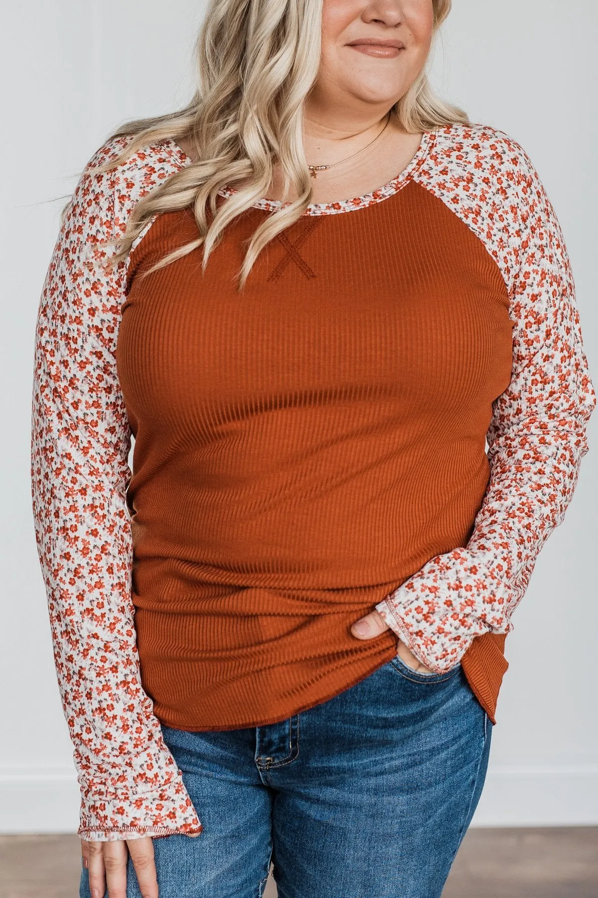 Decadent Life Floral Ribbed Knit Top- Rust