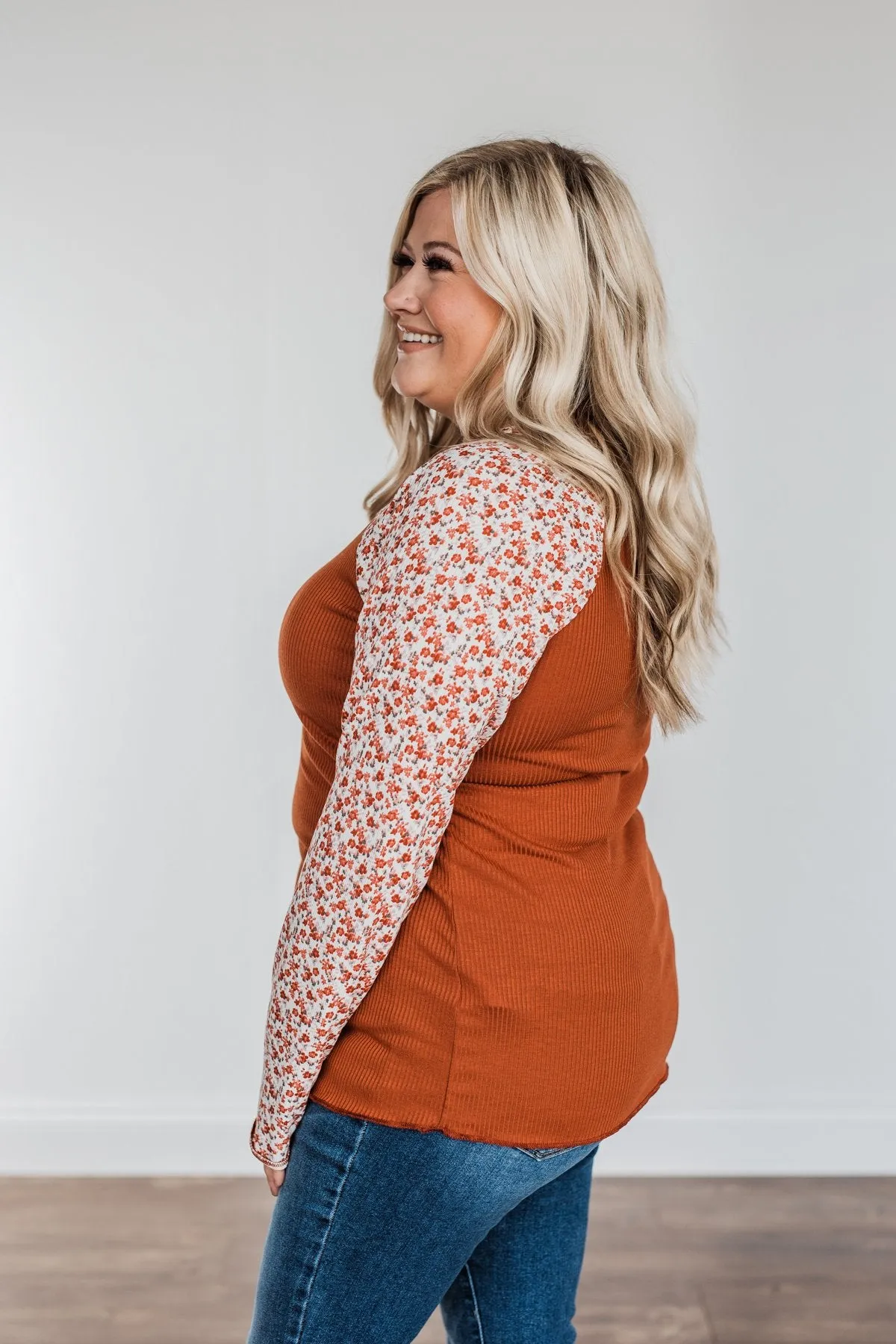 Decadent Life Floral Ribbed Knit Top- Rust