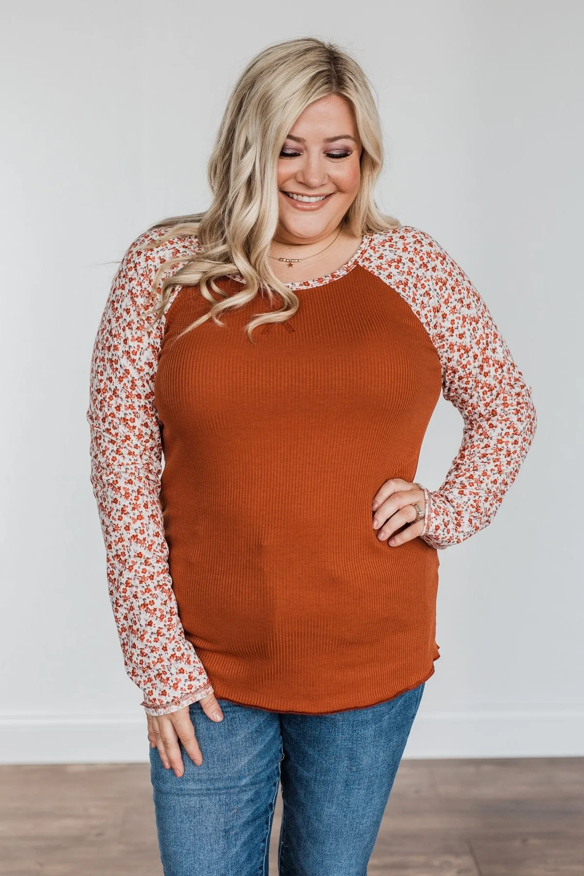 Decadent Life Floral Ribbed Knit Top- Rust
