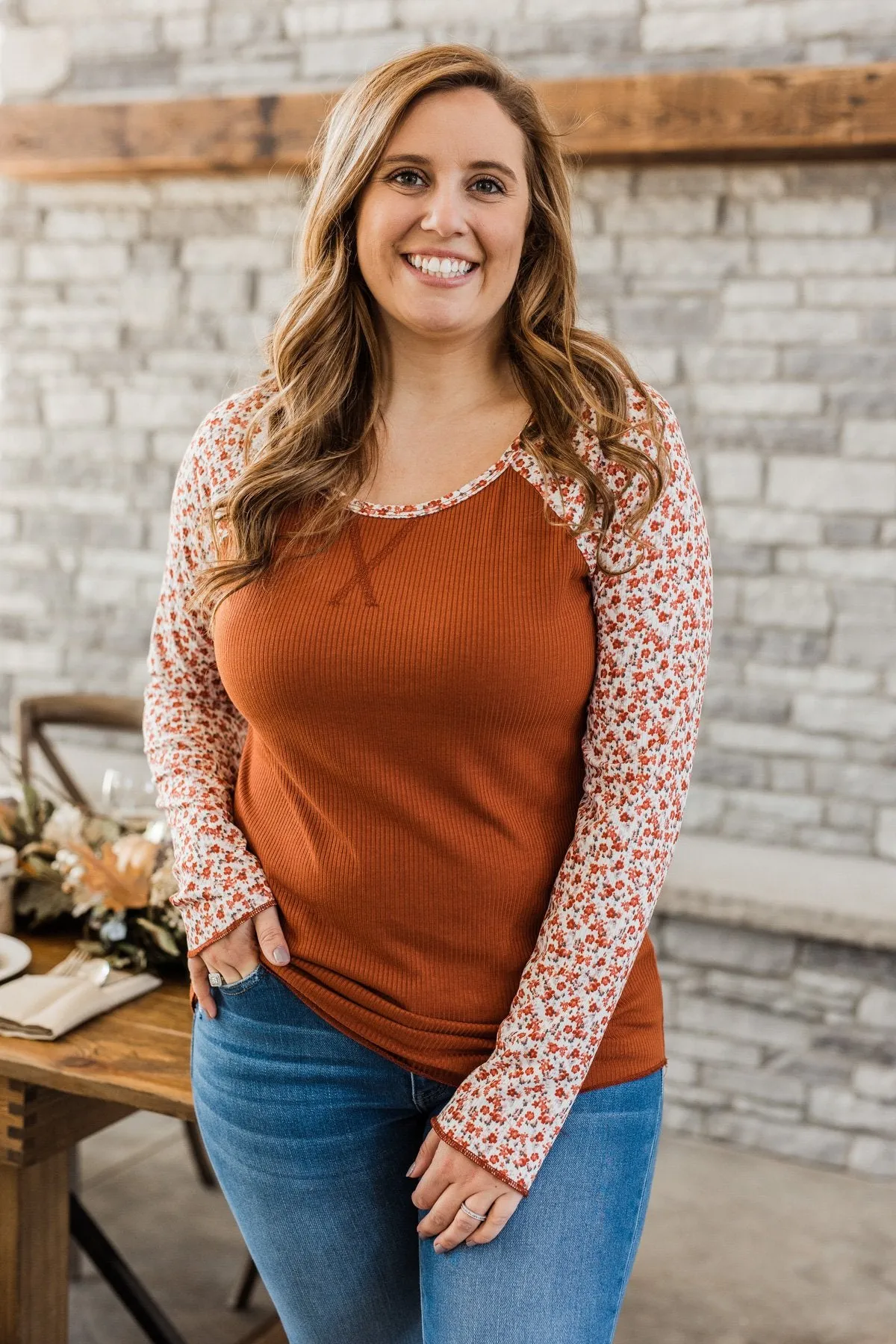 Decadent Life Floral Ribbed Knit Top- Rust