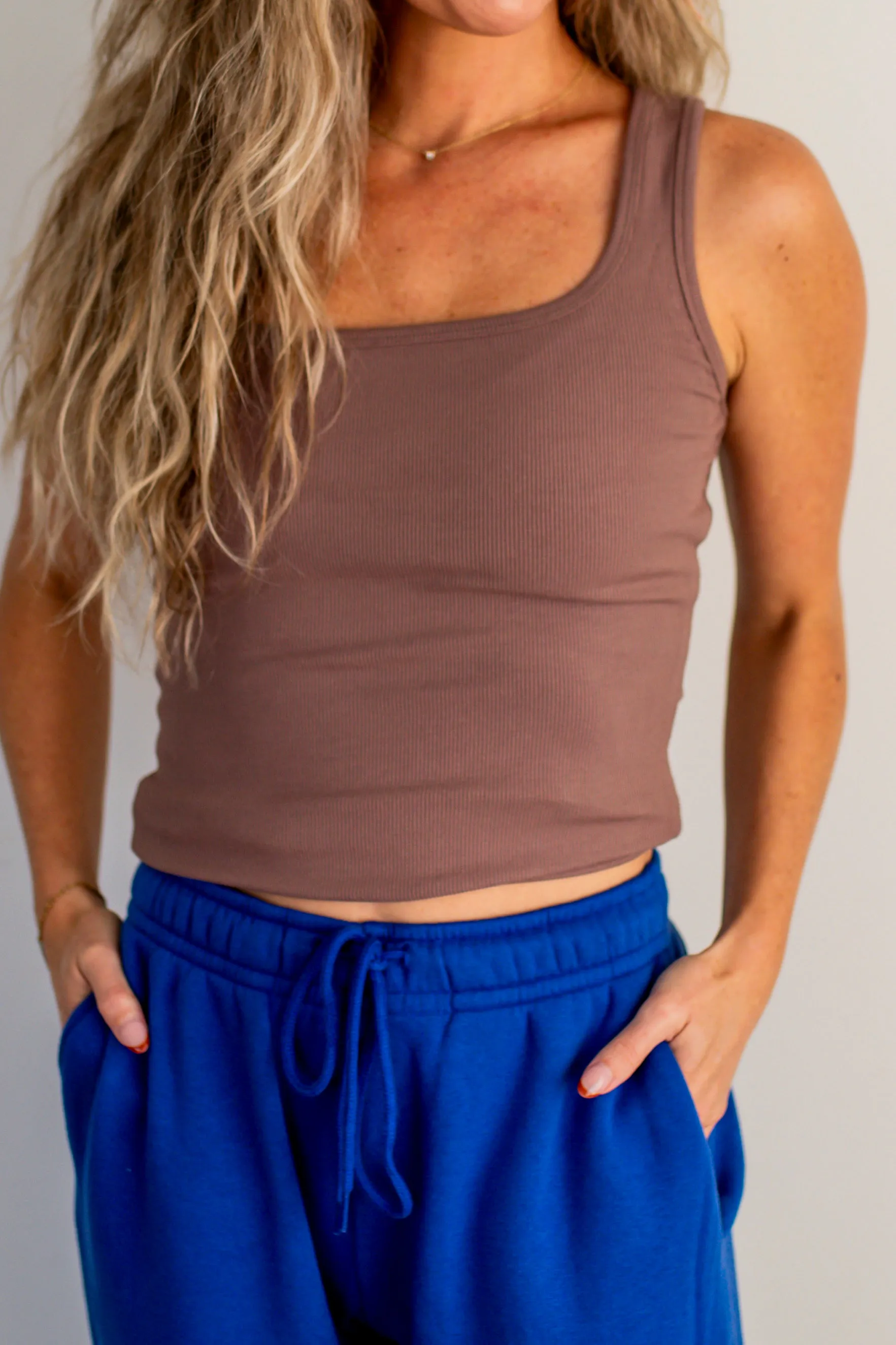 Deep Taupe Square Neck Ribbed Tank Top
