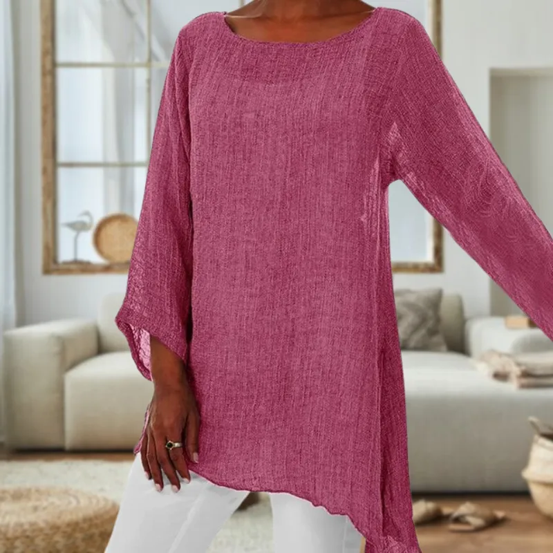 Elegant Long Sleeve Round Neck Linen Top for Ladies