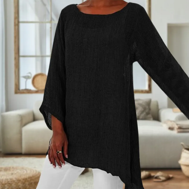 Elegant Long Sleeve Round Neck Linen Top for Ladies