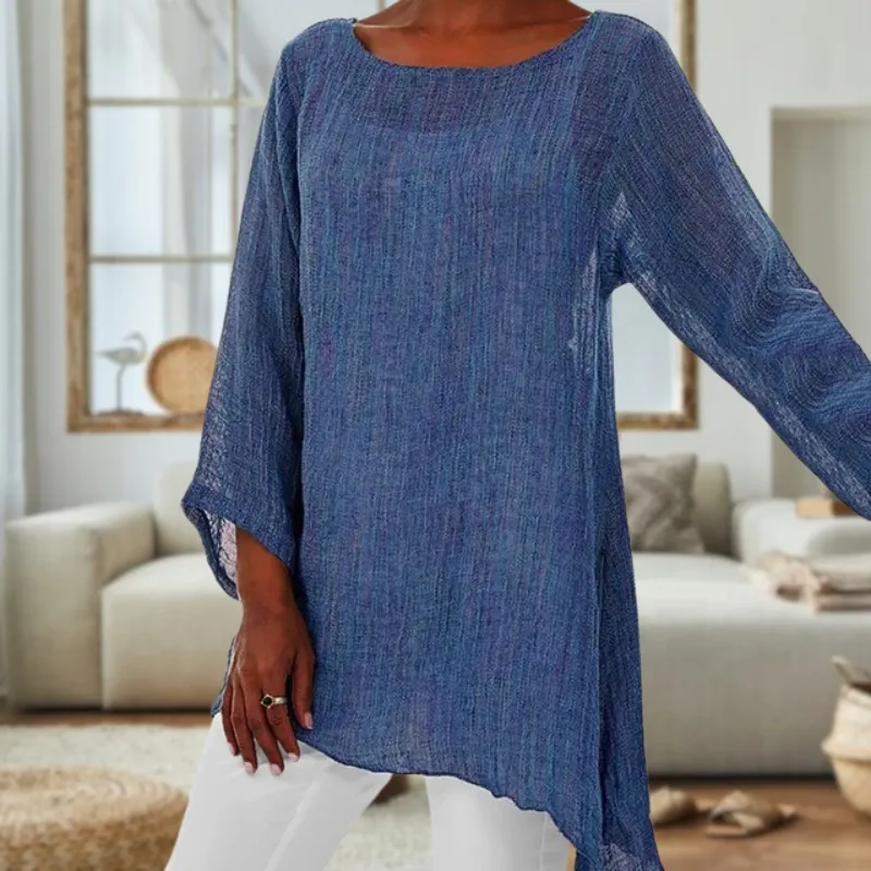 Elegant Long Sleeve Round Neck Linen Top for Ladies