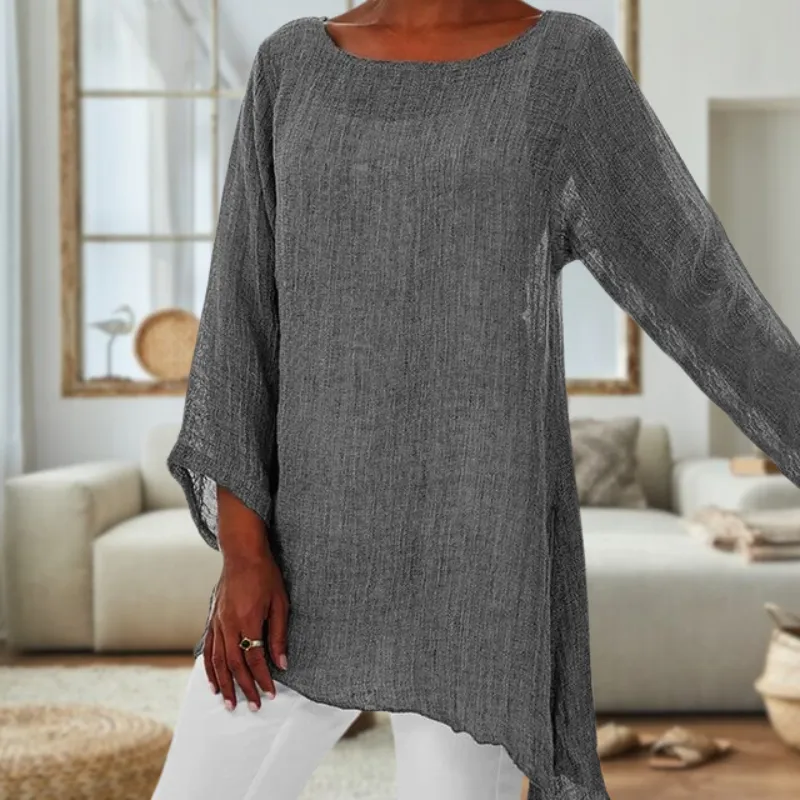 Elegant Long Sleeve Round Neck Linen Top for Ladies