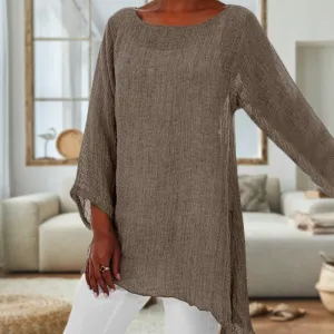 Elegant Long Sleeve Round Neck Linen Top for Ladies