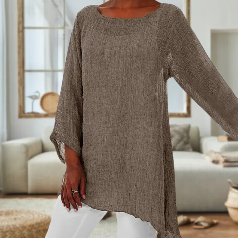 Elegant Long Sleeve Round Neck Linen Top for Ladies