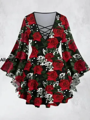 Elegant Vintage Rose Printed V-Neck Hollow Cut Flared Long Sleeve Mid-Long Top