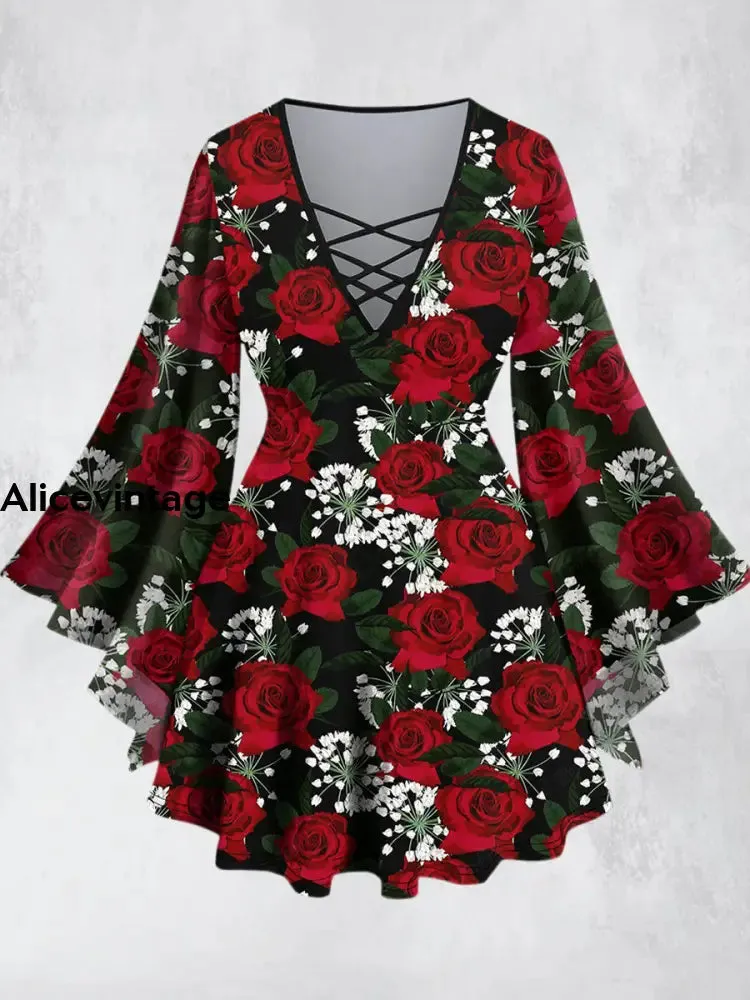 Elegant Vintage Rose Printed V-Neck Hollow Cut Flared Long Sleeve Mid-Long Top