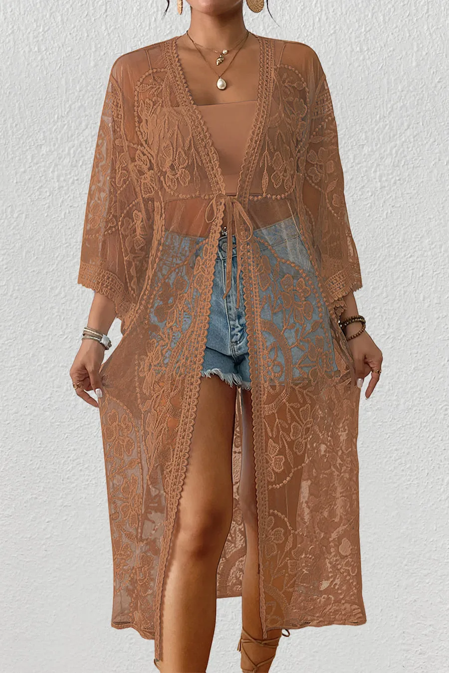 Embroidery Long Sleeve Lace Kimono Duster