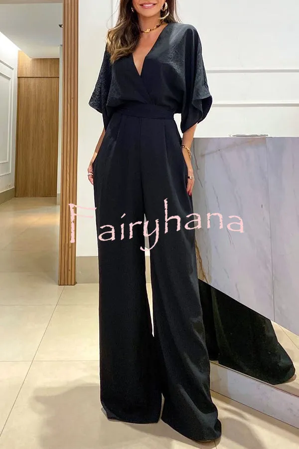 Esther Kimono Sleeve Elastic Waist Pocketed Wide Leg Jumpsuit