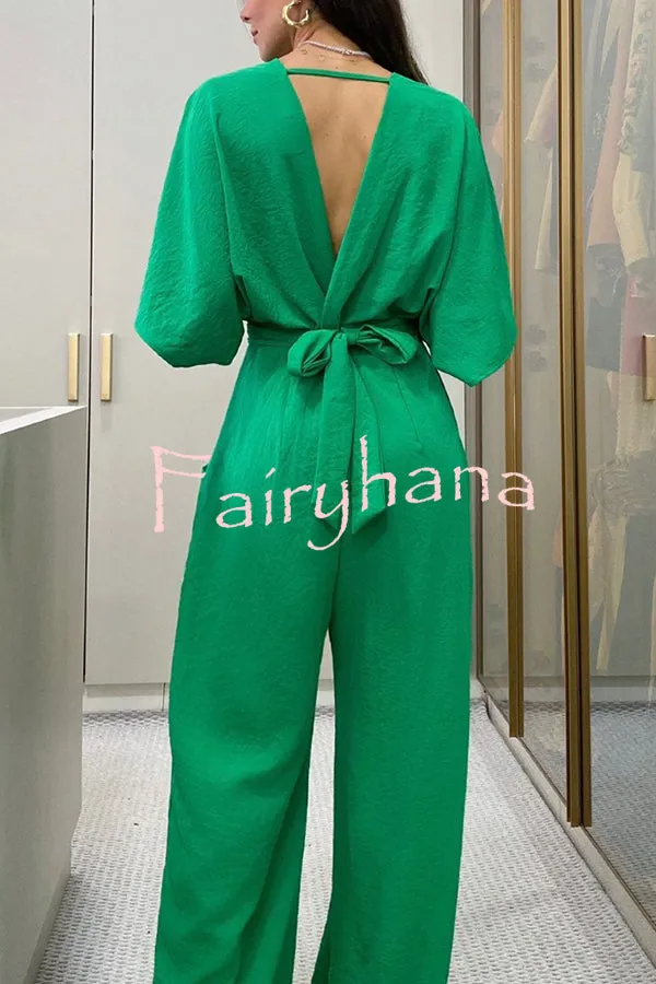 Esther Kimono Sleeve Elastic Waist Pocketed Wide Leg Jumpsuit