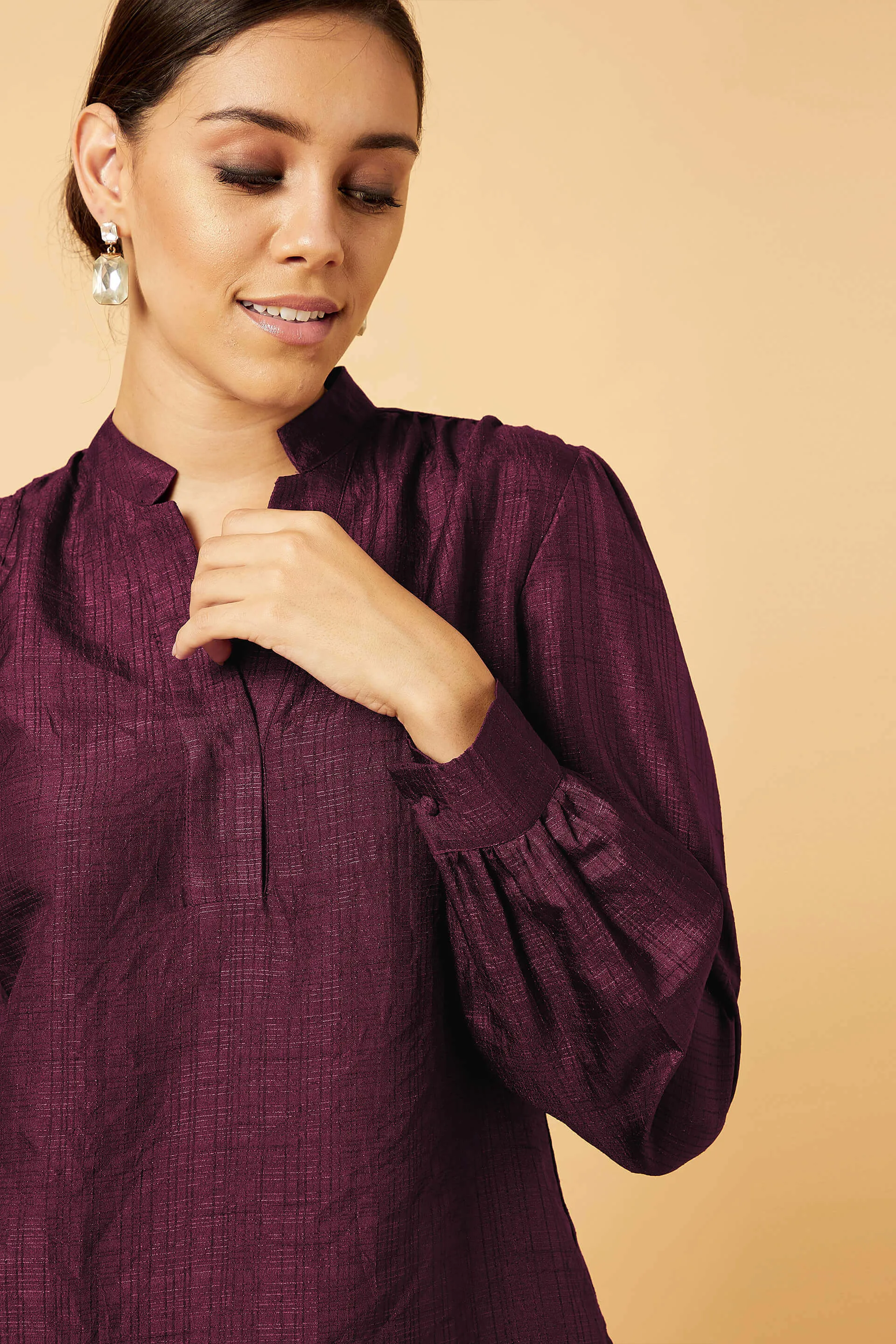 Falsa Stand Collar Tunic - Burgundy