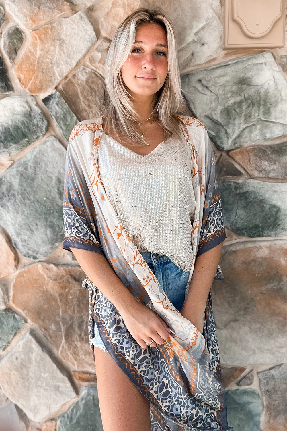 Gray Mandala Fashion Print Half Sleeve Kimono