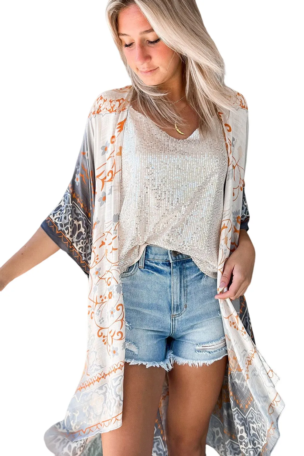 Gray Mandala Fashion Print Half Sleeve Kimono