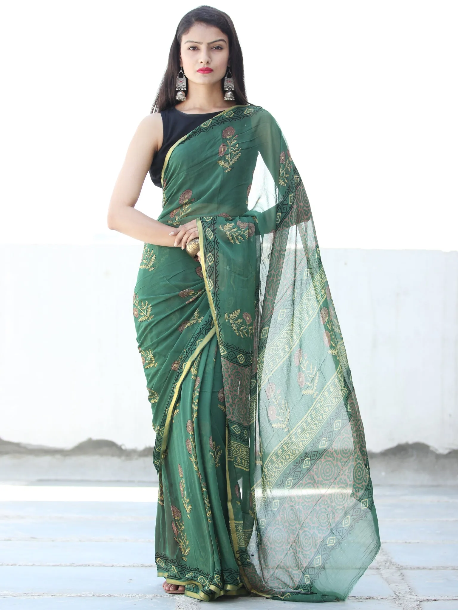 Green Yellow Pink Hand Block Printed Chiffon Saree with Zari Border - S031703922