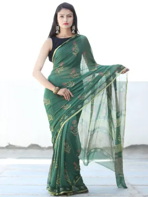 Green Yellow Pink Hand Block Printed Chiffon Saree with Zari Border - S031703922