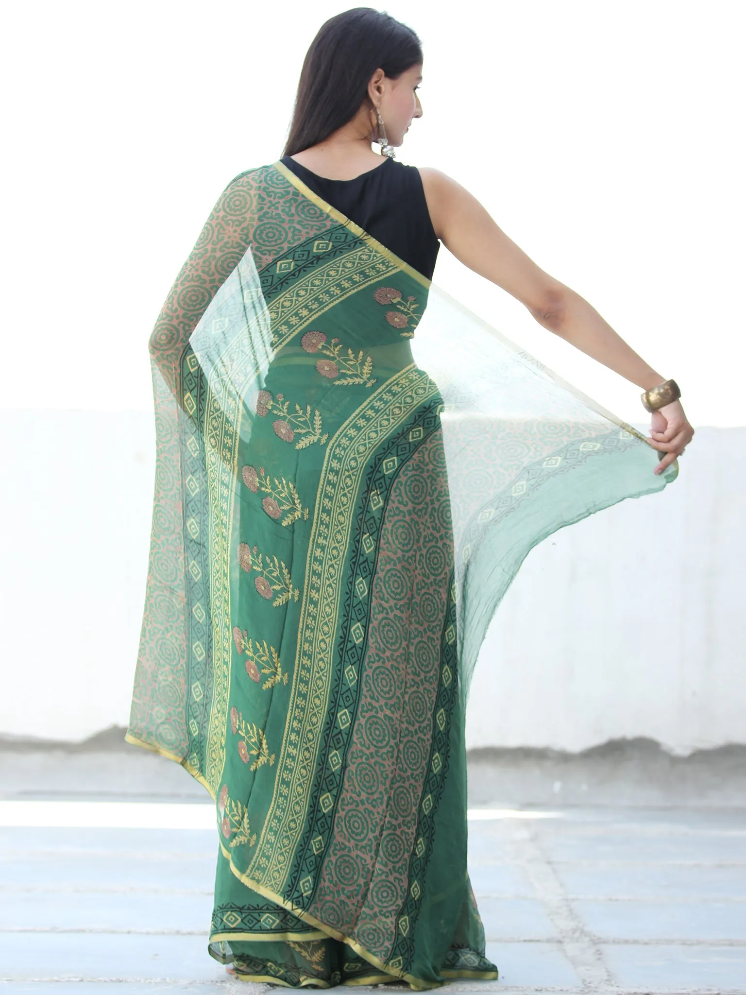 Green Yellow Pink Hand Block Printed Chiffon Saree with Zari Border - S031703922