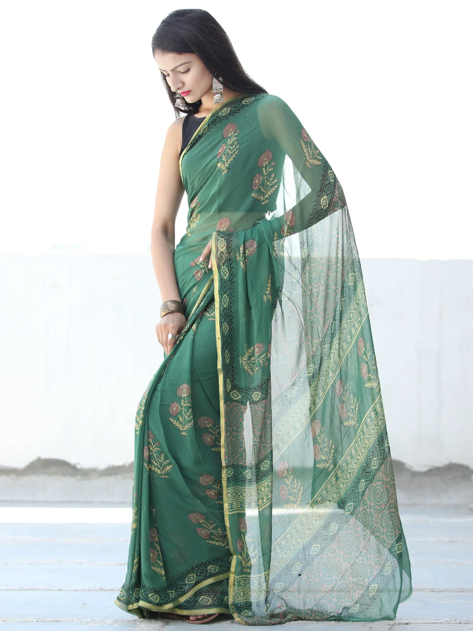 Green Yellow Pink Hand Block Printed Chiffon Saree with Zari Border - S031703922