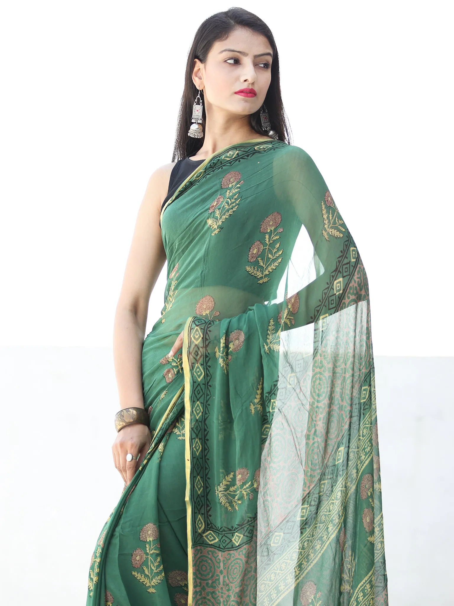 Green Yellow Pink Hand Block Printed Chiffon Saree with Zari Border - S031703922