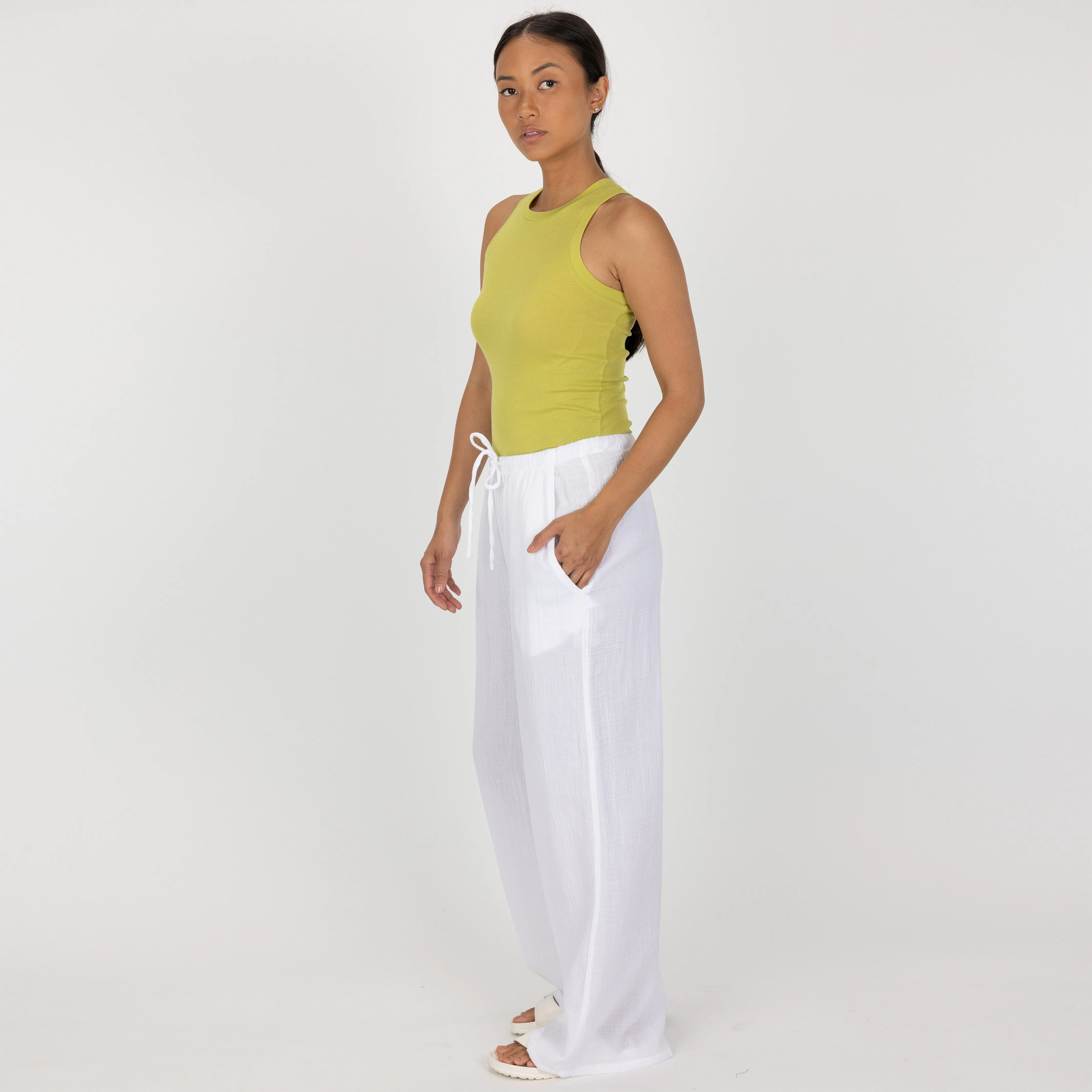 High Neck Ribbed Cotton Tank - Palm