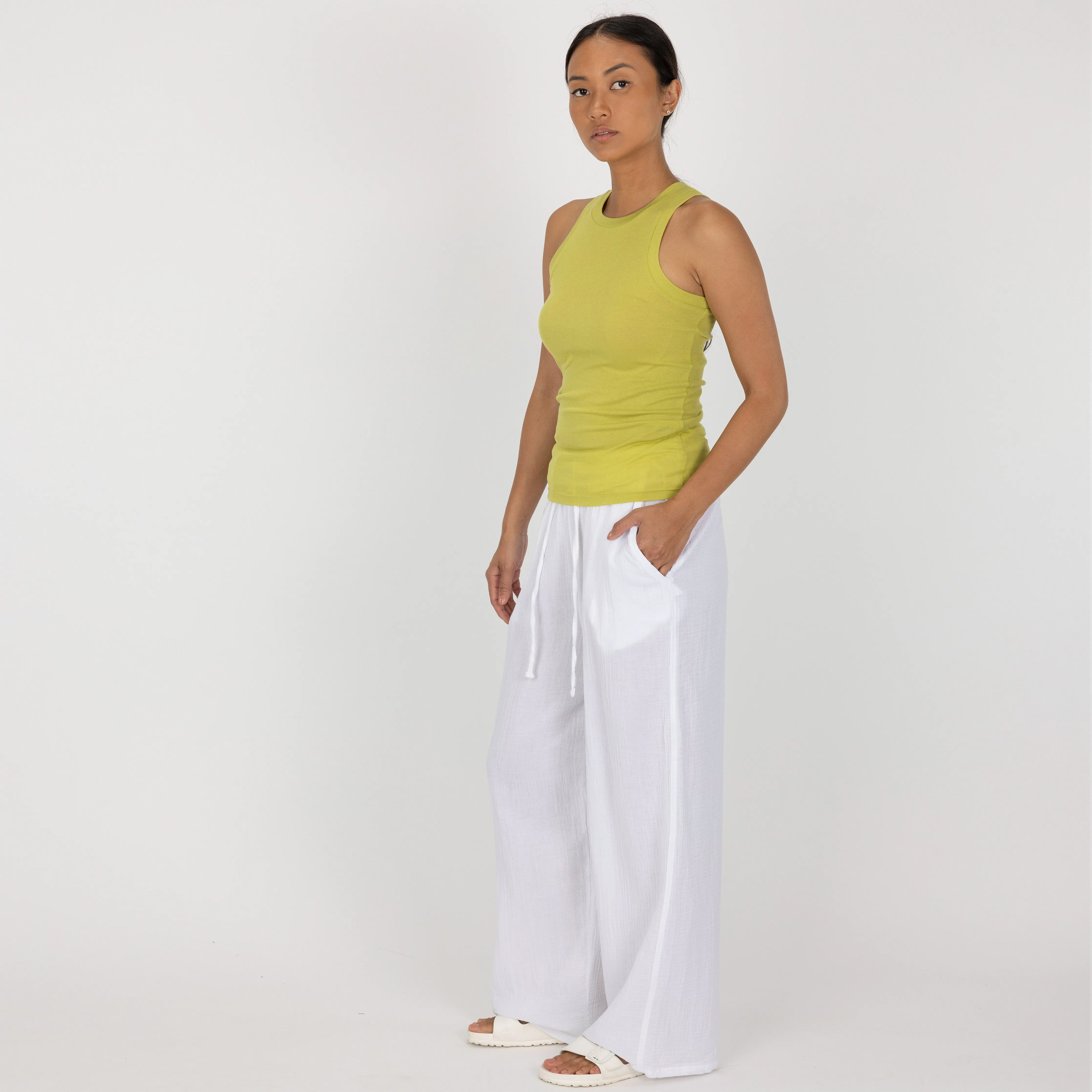 High Neck Ribbed Cotton Tank - Palm