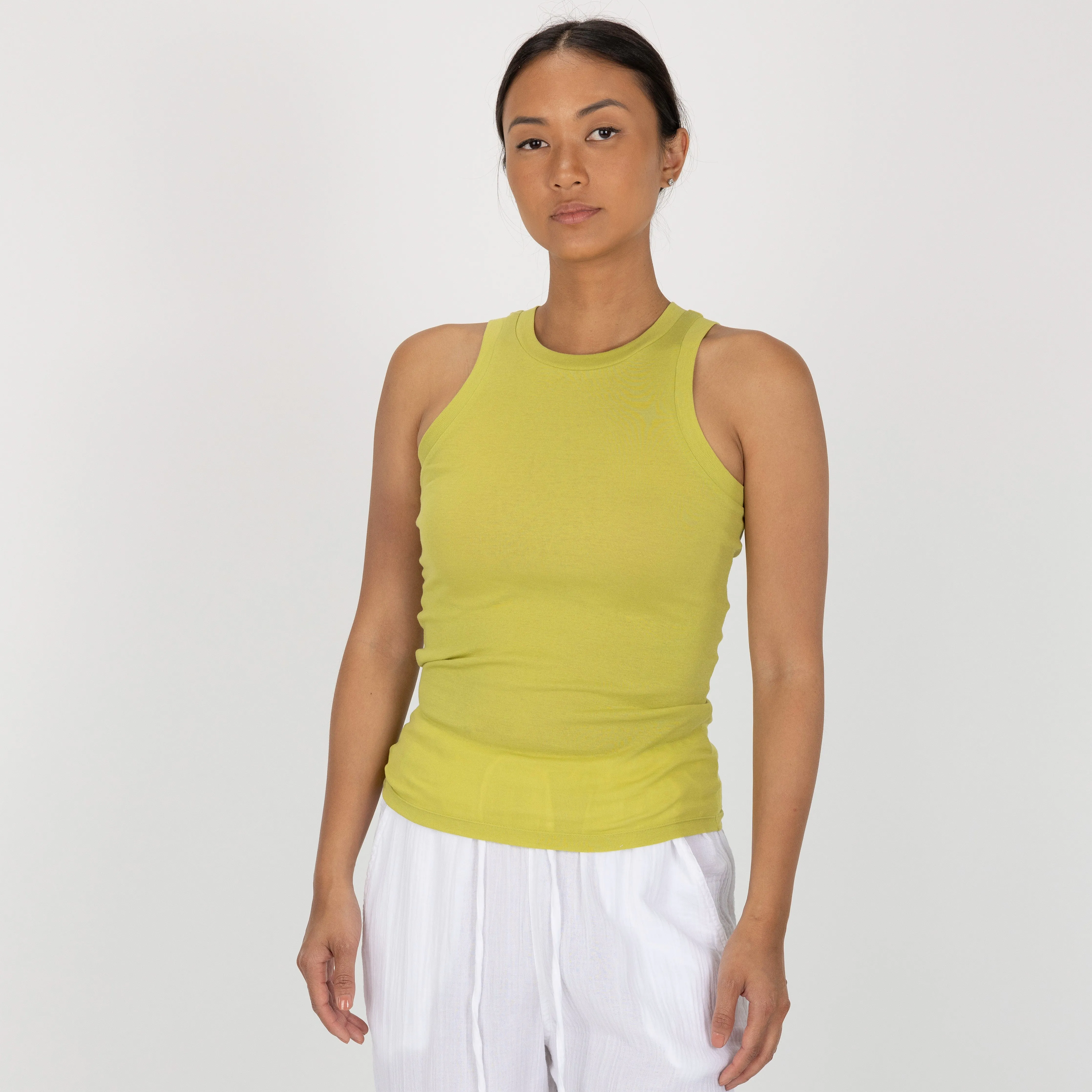 High Neck Ribbed Cotton Tank - Palm