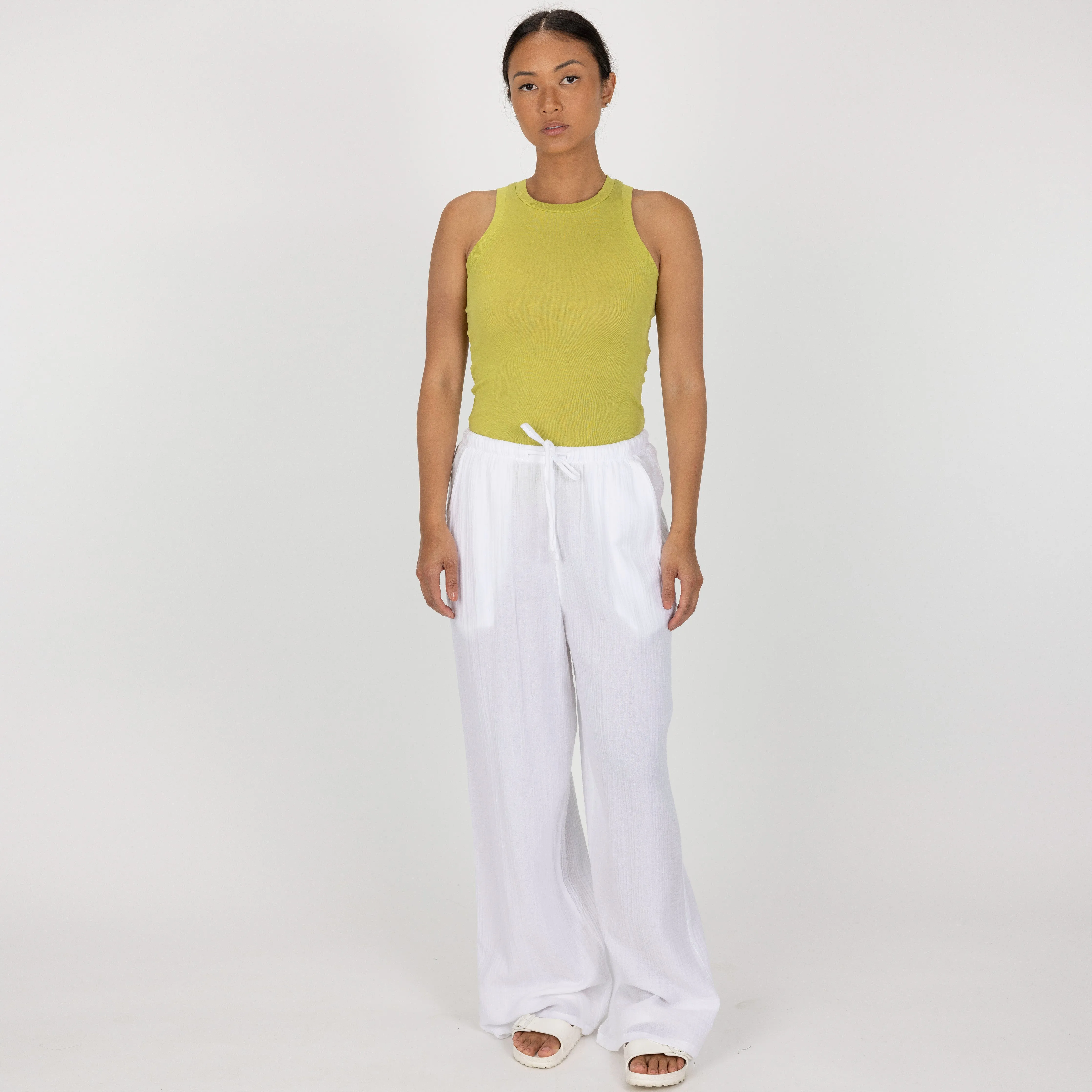 High Neck Ribbed Cotton Tank - Palm
