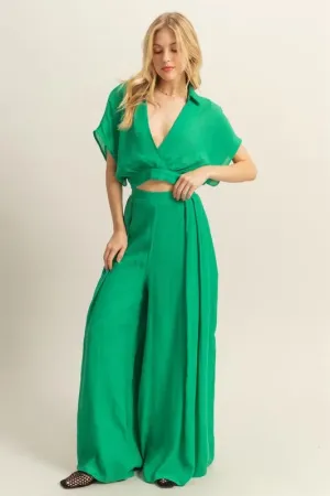 HYFVE Green Kimono Sleeve Crop Top and Wide Leg Pants Set