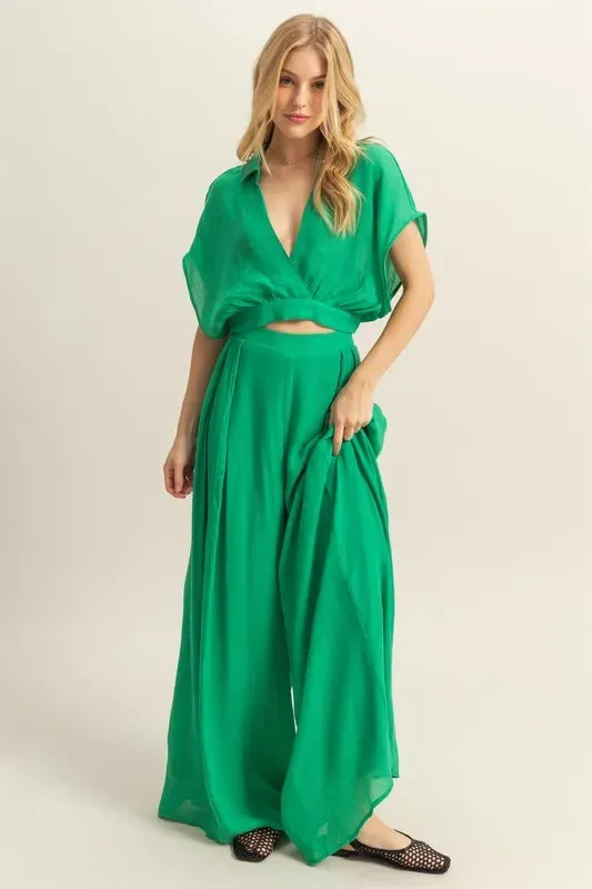 HYFVE Green Kimono Sleeve Crop Top and Wide Leg Pants Set